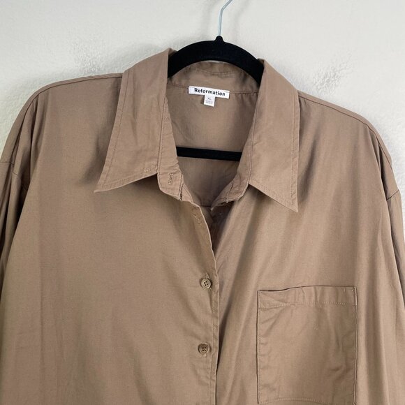 Reformation Womens XL Will Oversized Button Up Shirt In Taupe Brown Long Sleeve - Picture 8 of 11